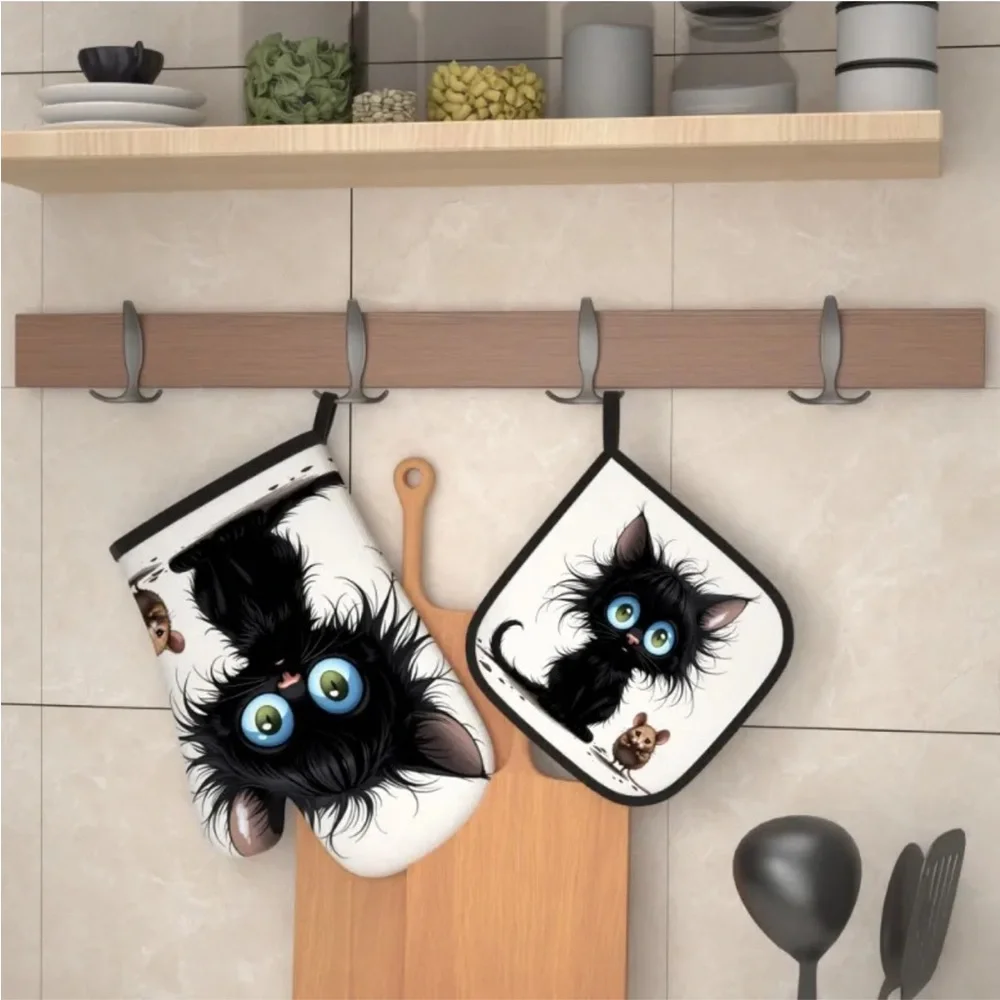 Cute Black Cat w Brown Mouse Oven Mitt and Pot Holder Set